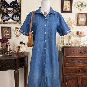 girly grunge cottagecore farmer's daughter denim button down dress w floral embr